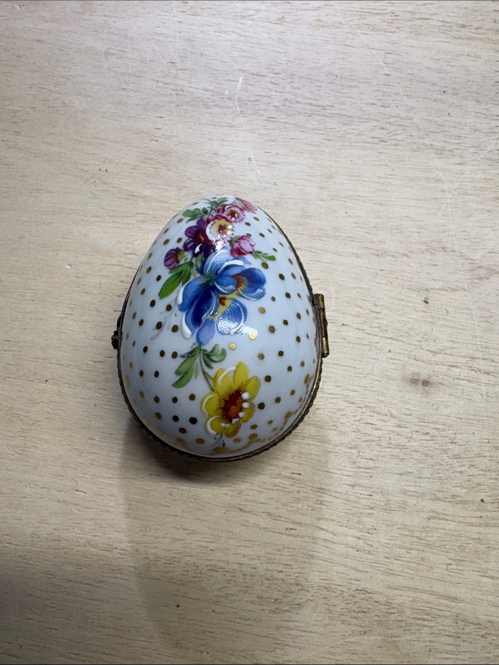Vintage Limoges France Floral Porcelain Egg Trinket Box Rabbit Hinged Lid Gold